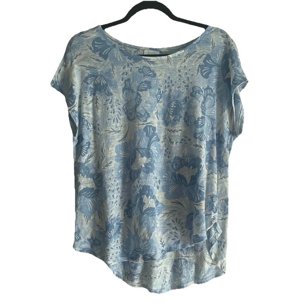 Sigrid Olsen Linen Floral‎ Top Size Medium Short Sleeve White Blue Lightweight*